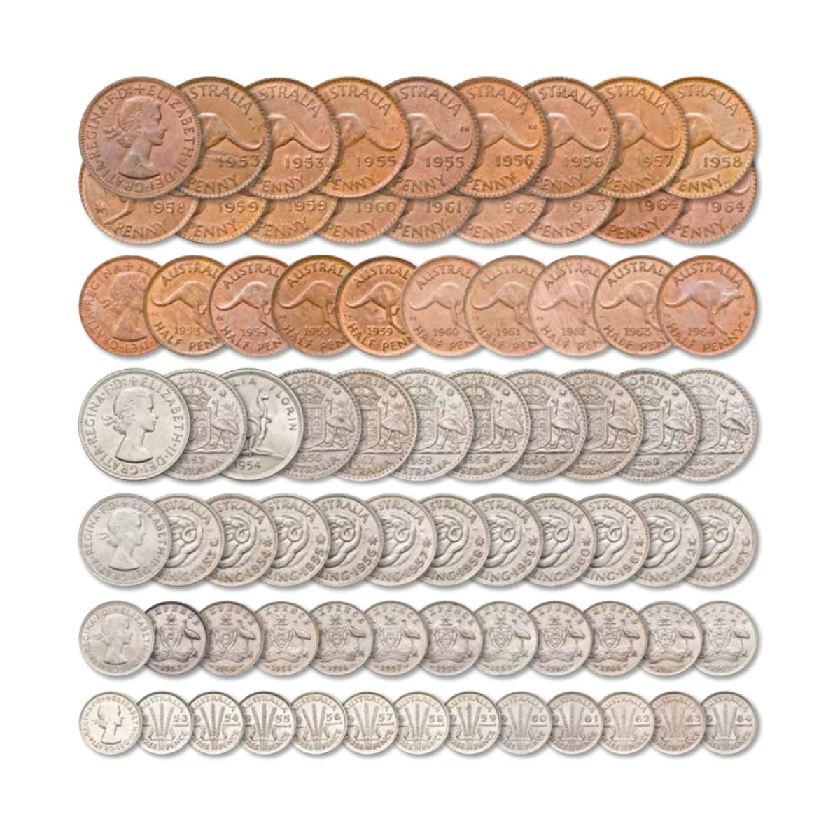 Australia Elizabeth II 1953-64 Complete Predecimal Uncirculated 71-Coin Set