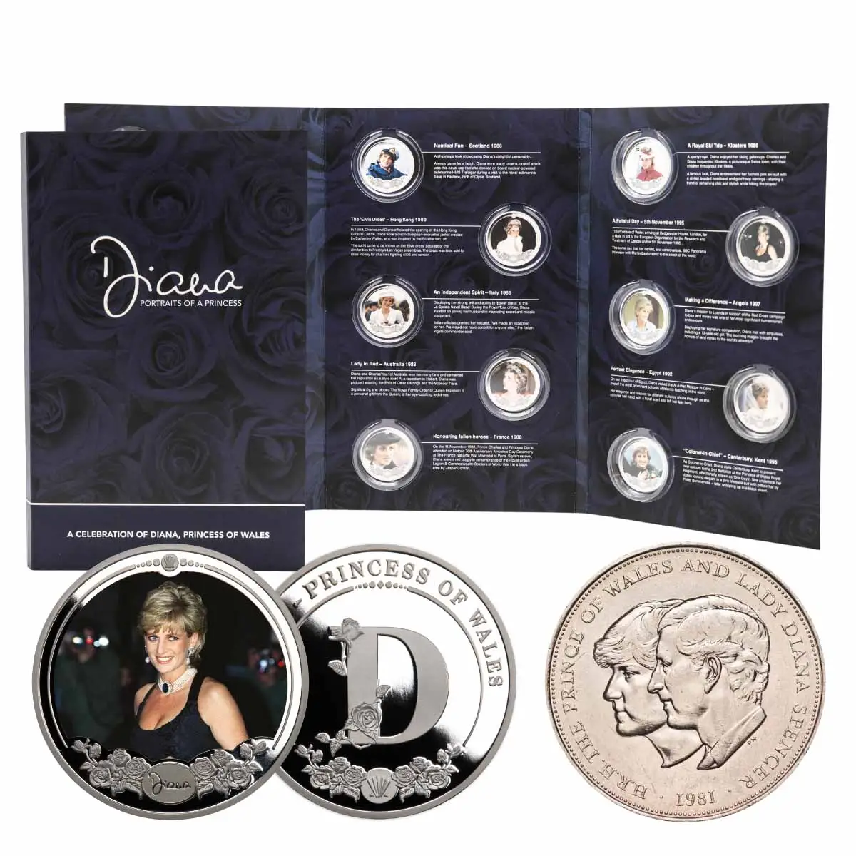 Diana 13-Commemoratives Complete Collection & Charles & Diana Wedding Crown Unc Coin Pair