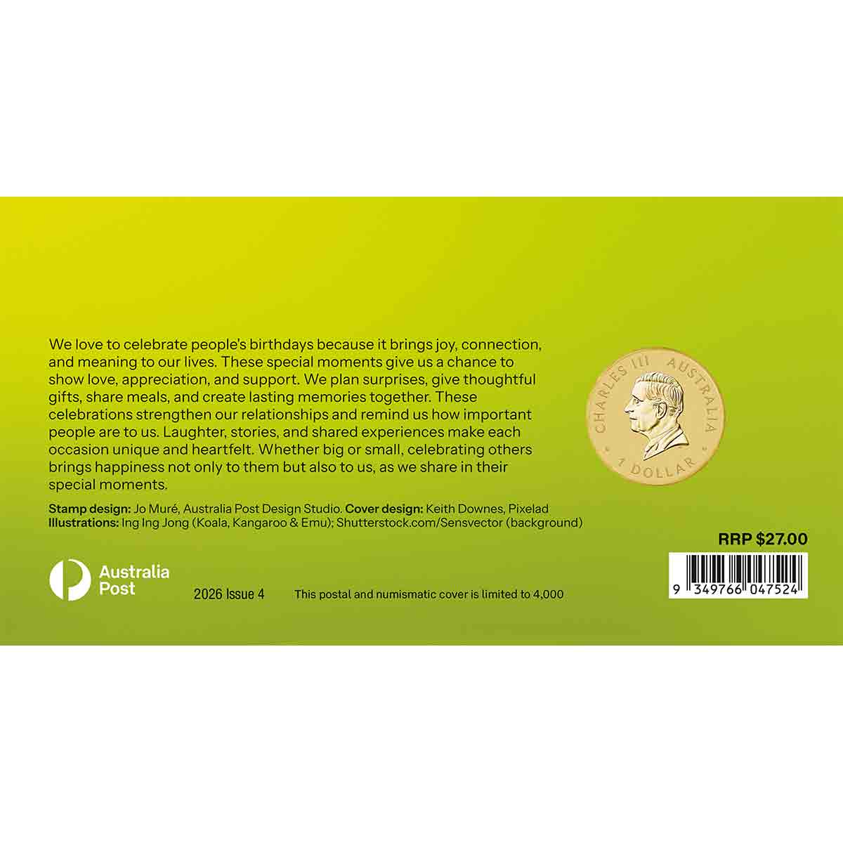 Australia Happy Birthday 2026 $1 Stamp & Coin Cover - Image 6