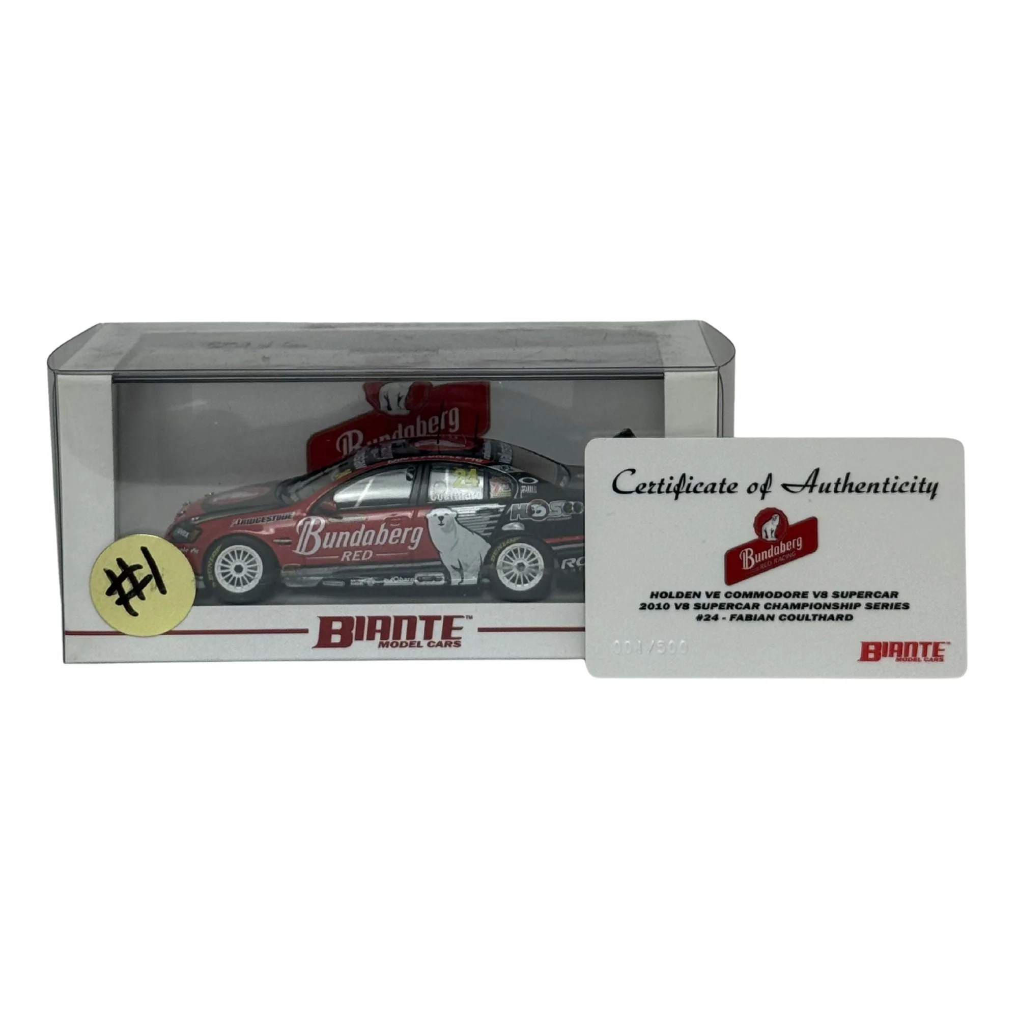 Certificate #1 - HOLDEN COMMODORE VE BUNDABERG RED RACING 2010 #24 FABIAN COULTHARD - 1:43 Scale Diecast Model Car