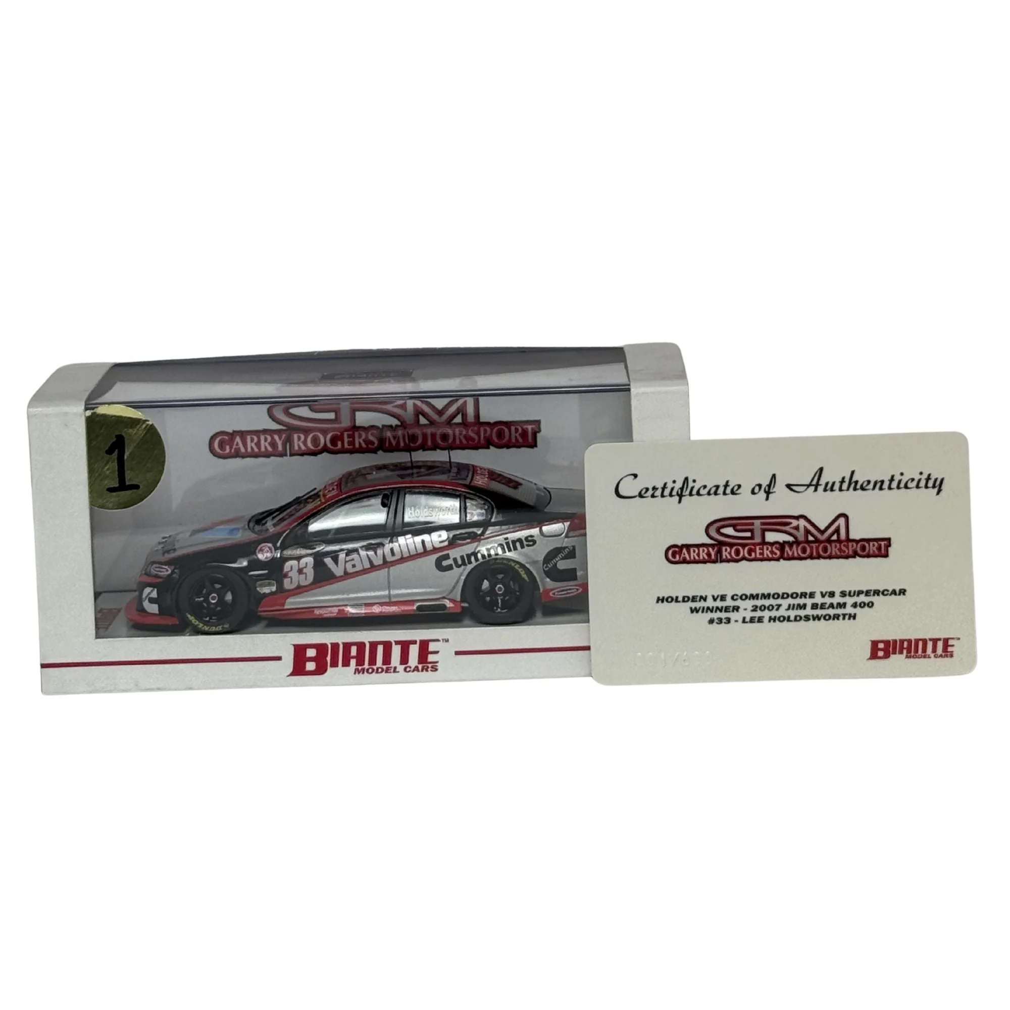 Certificate #1 - HOLDEN COMMODORE VE GRM 2007 JIM BEAM 400 WINNER #33 LEE HOLDSWORTH  - 1:43 Scale Diecast Model Car