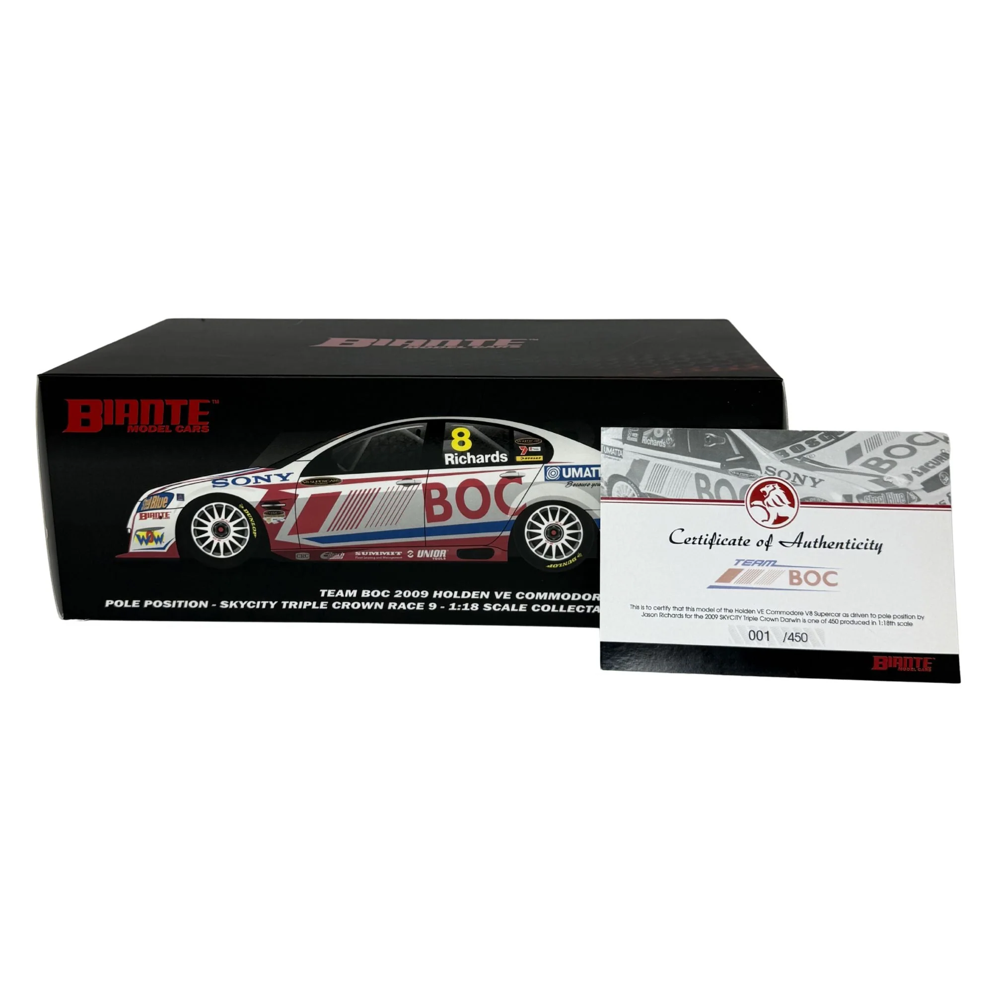 Certificate #1 - HOLDEN COMMODORE VE TEAM BOC 2009 POLE POSITION SKY CITY TRIPLE CROWN #8 RICHARDS - 1:18 Scale Diecast Model Car