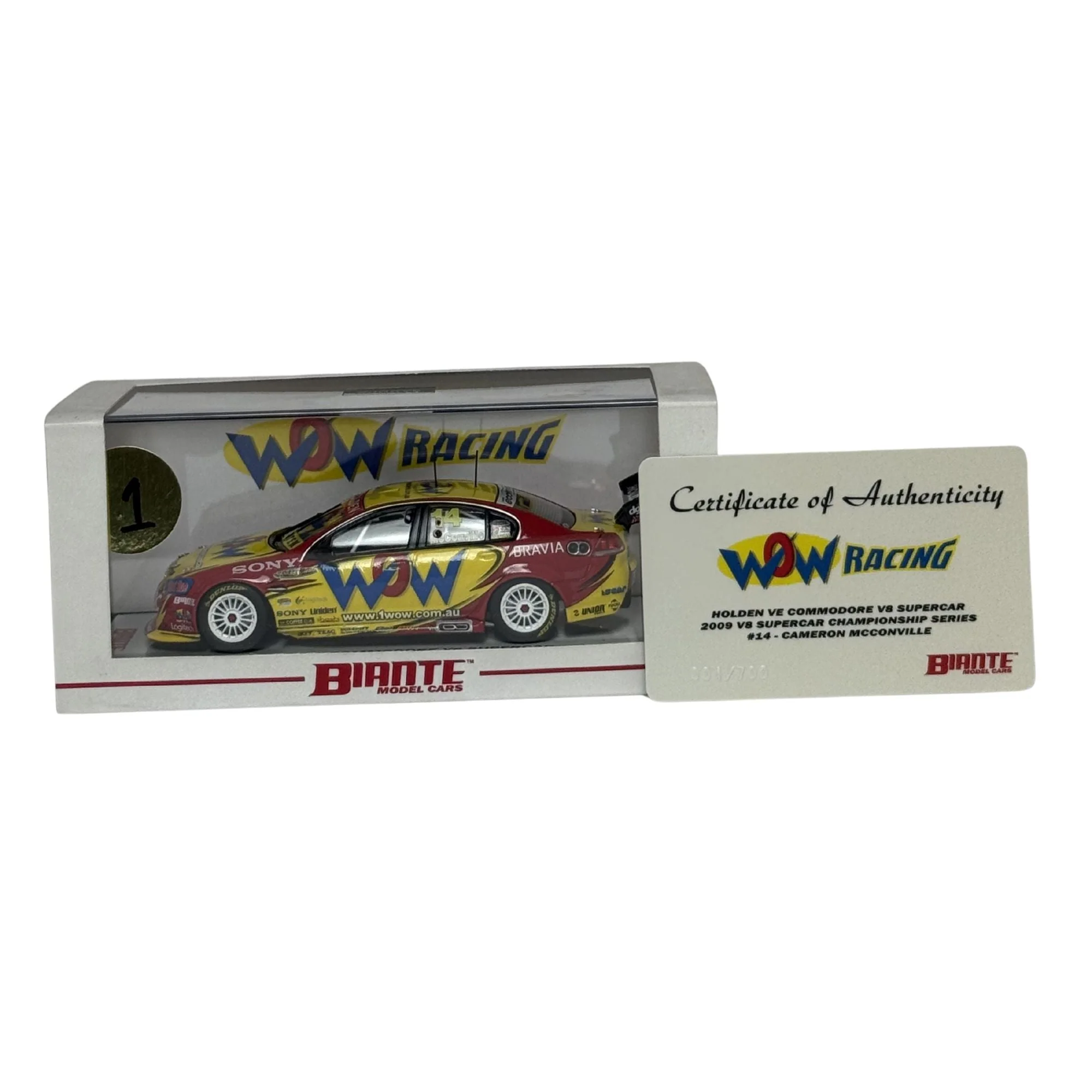 Certificate #1 - HOLDEN COMMODORE VE WOW RACING 2009 #14 CAMERON MCCONVILLE - 1:43 Scale Diecast Model Car