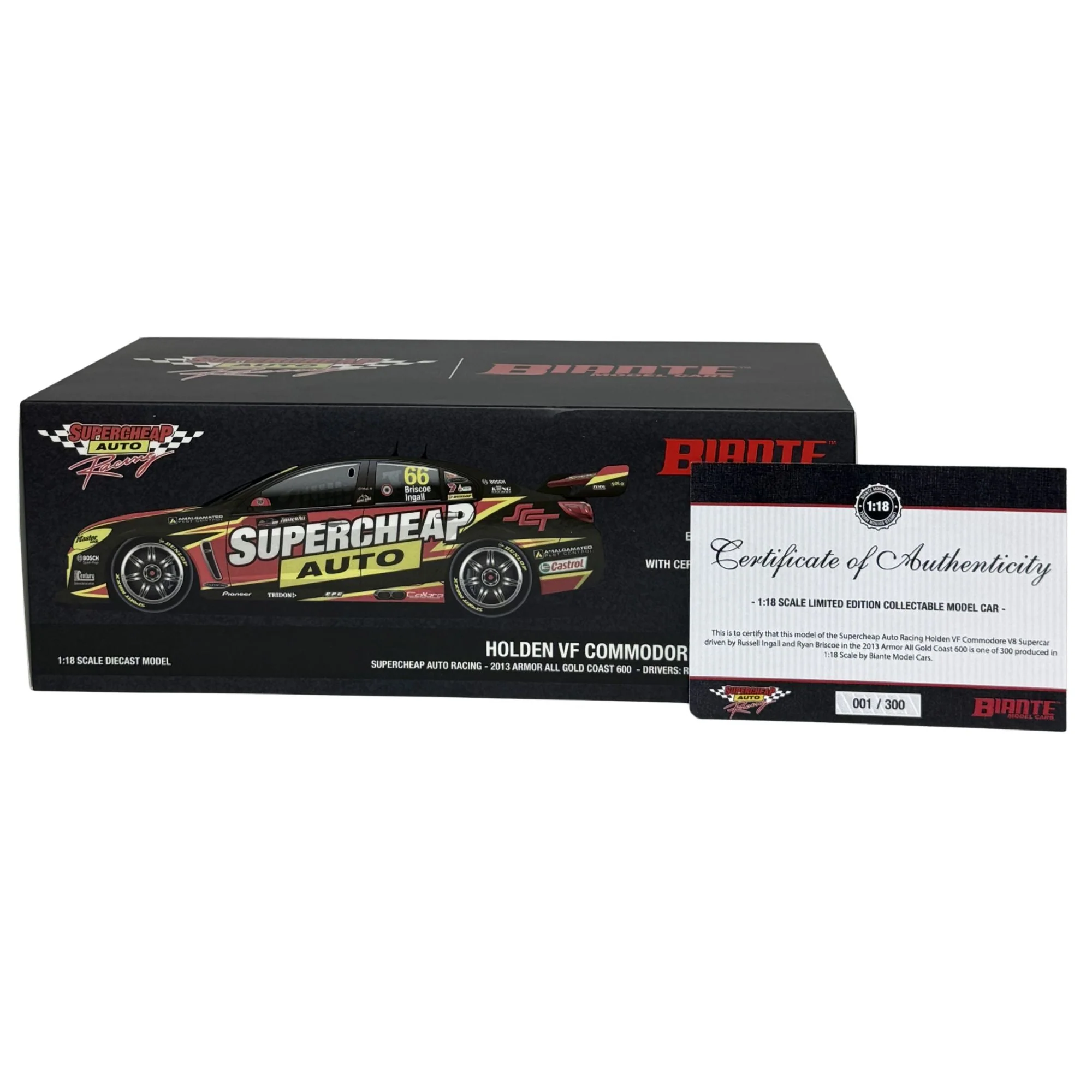 Certificate #1 - HOLDEN COMMODORE VF SUPERCHEAP AUTO RACING 2013 GOLD COAST 600 #66 INGALL/BRISCOE - 1:18 Scale Diecast Model Car
