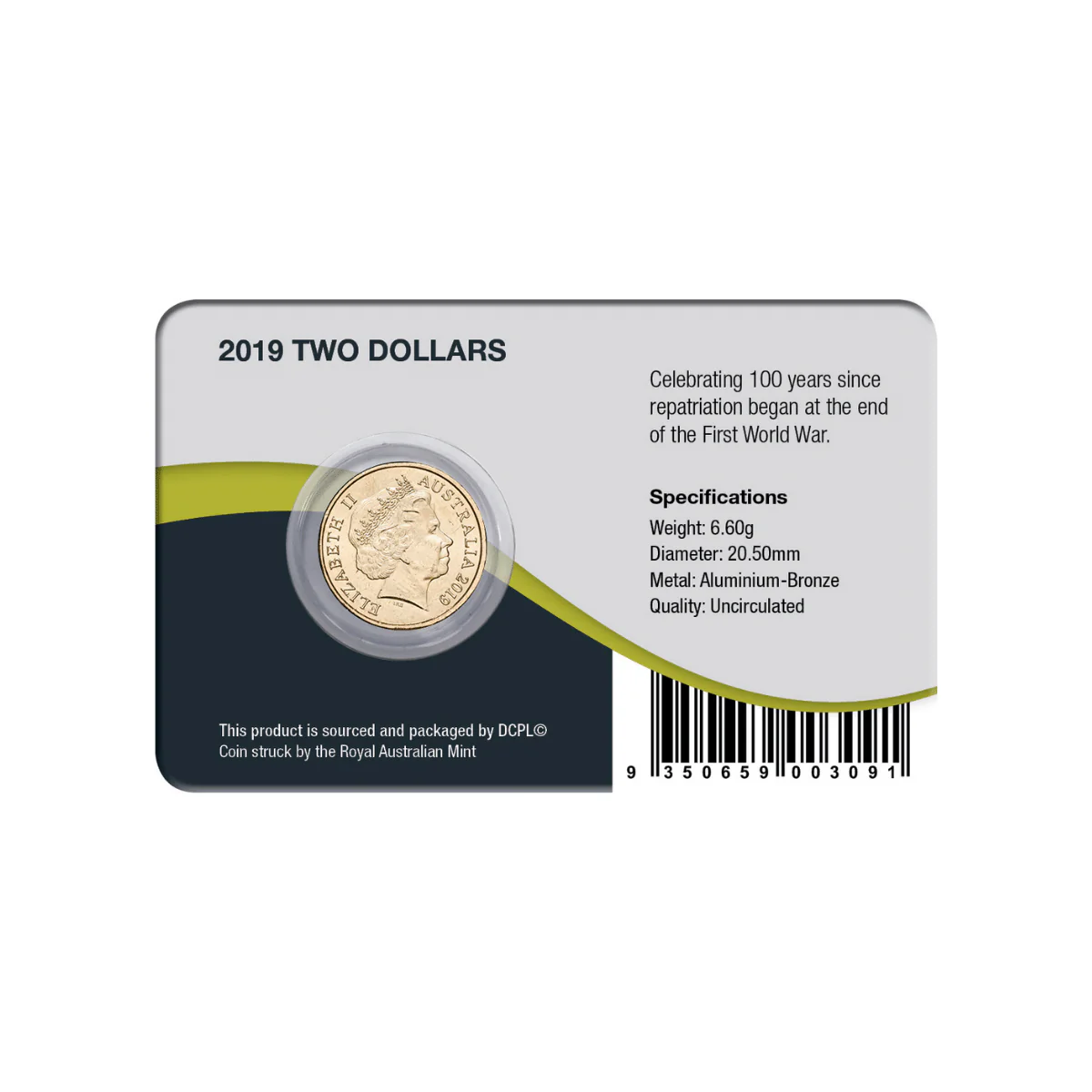 Australia Lest We Forget Centenary of Repatriation 2019 $2 Colour Aluminium-Bronze Uncirculated Coin Pack - Image 2