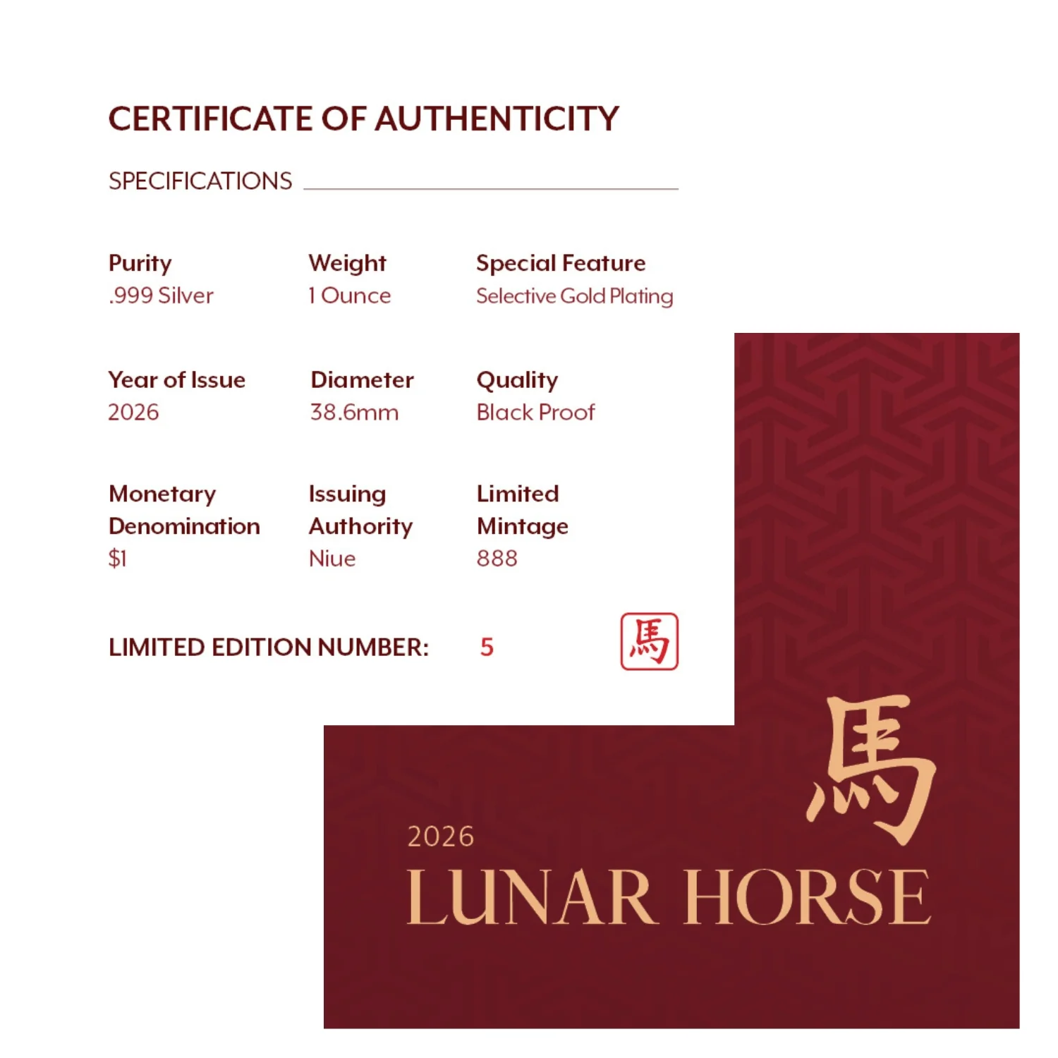 Lunar Year of the Horse 2026 $1 Gold-plated 1oz Silver Black Proof - Image 4