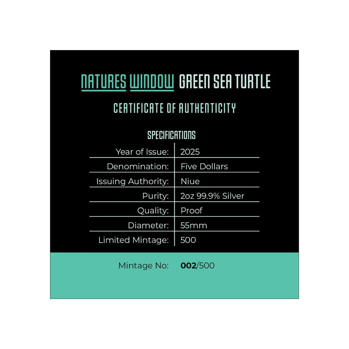 Nature’s Window Green Sea Turtle 2025 $5 Colour 2oz Silver Proof Coin - Image 4