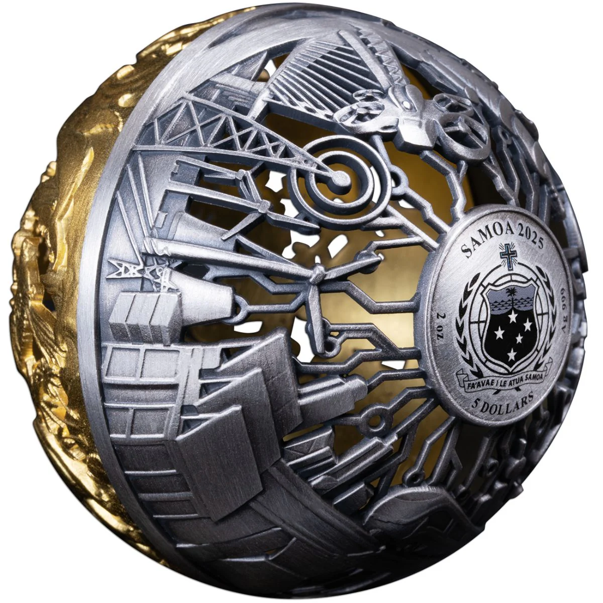 Nature & Technology 2025 $5 Filigree Gold-plated 2oz Silver Antique Spherical Coin - Image 5