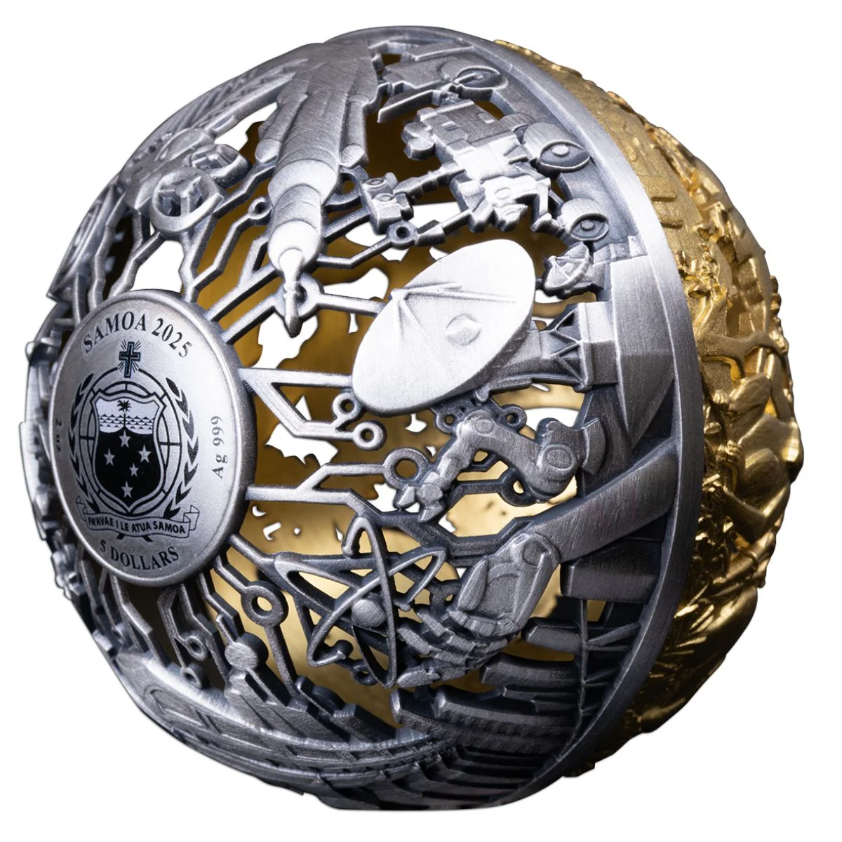 Nature & Technology 2025 $5 Filigree Gold-plated 2oz Silver Antique Spherical Coin - Image 6