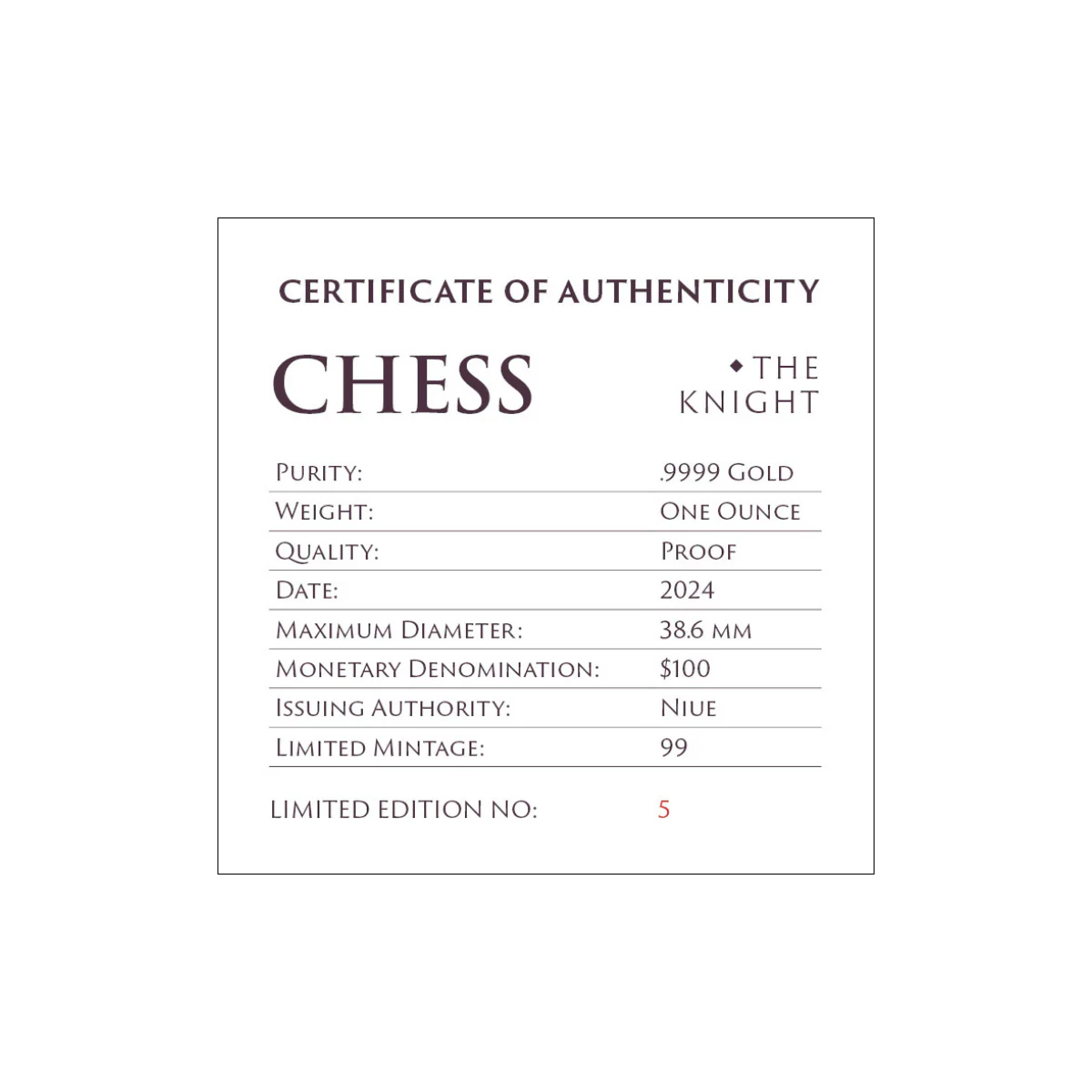 Chess Knight 2024 $100 Platinum-plated 1oz Gold Proof Coin - Image 4