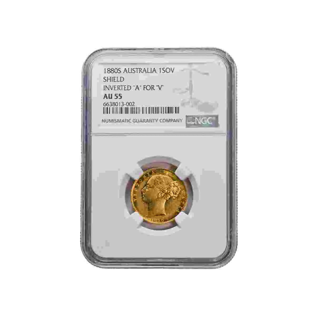 Queen Victoria 1880S Young Head Shield Gold Sovereign Inverted A for V Error NGC AU55