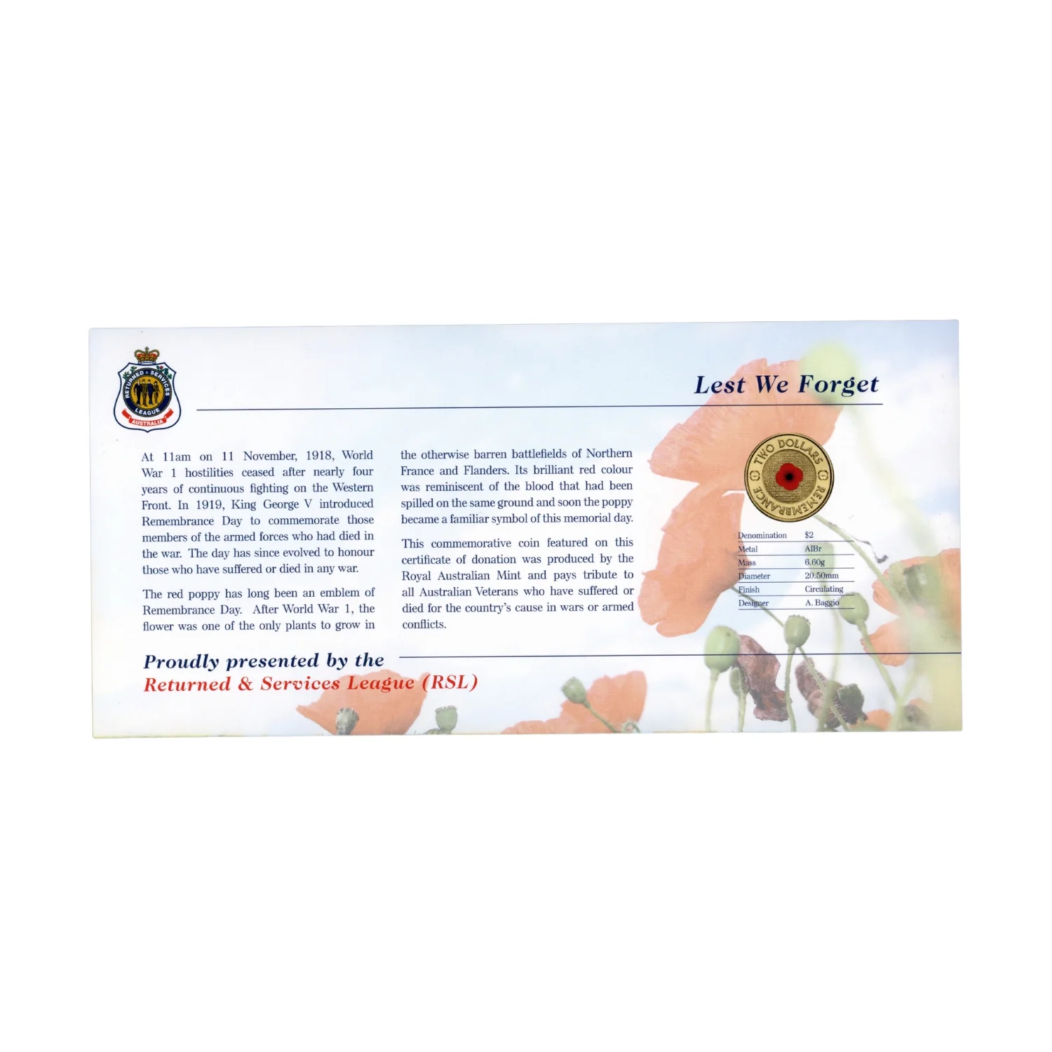 Australia 2012 $2 Red Poppy with RSL Card Uncirculated Coin - Image 4