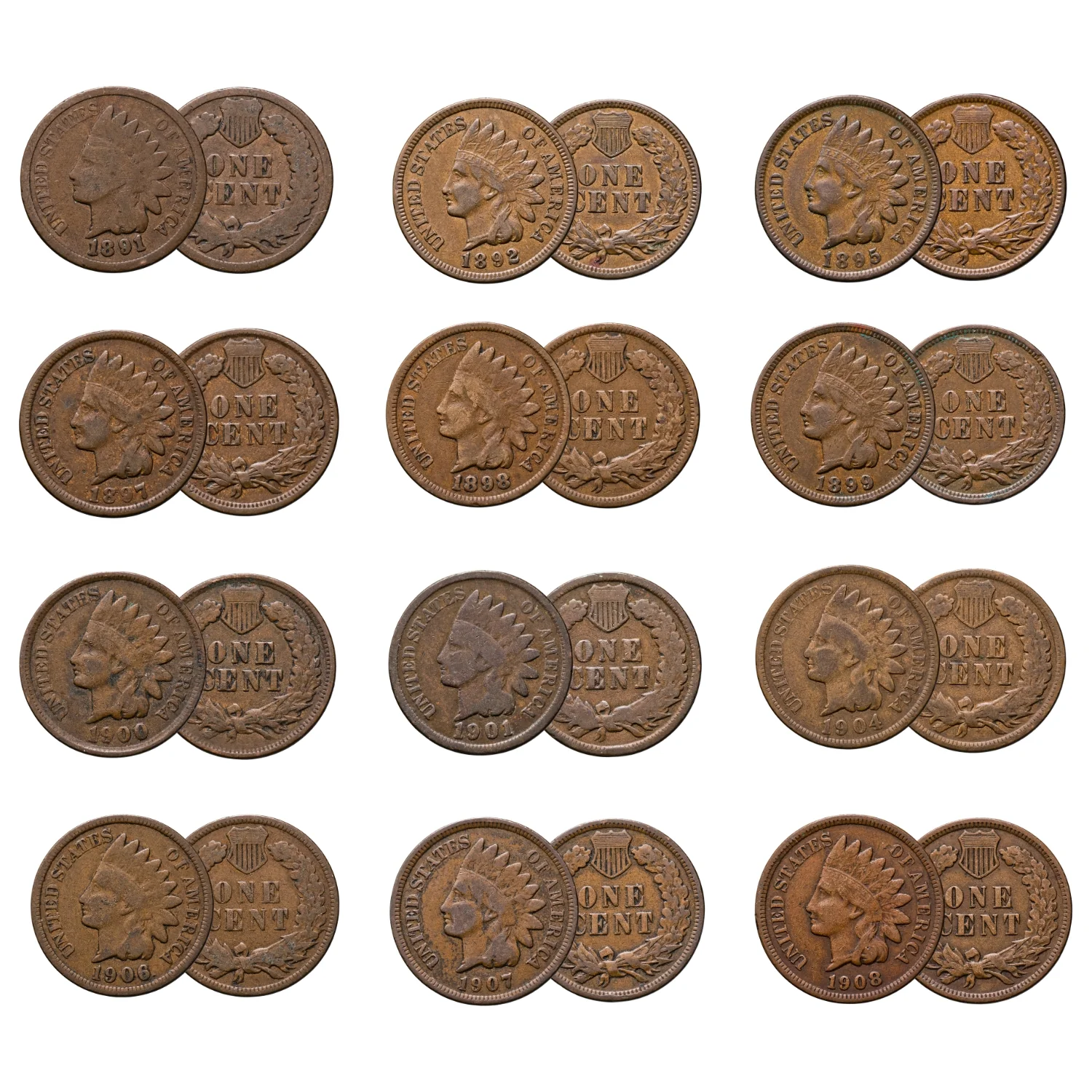 USA 1859-1909 Indian Head Cent Very Good-Very Fine 12-Coin Set (Dates of our choice)